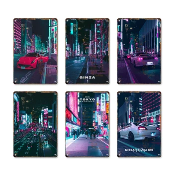 Japonska Neon Tokyo City Noč Tin Prijavite Plošče, Kovinske Plošče Retro Wall Art Plakat Domači Hiši, Dnevna Soba, Iz Železa Slikarstvo Estetika