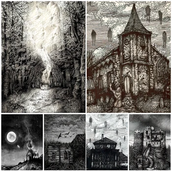 Groza Strašijo Hiše Wall Art Platno Slikarstvo Duhovi In Demoni V Starih Gradov Umetnost Plakata In Tiskanje Doma Dekor Brez Okvirja