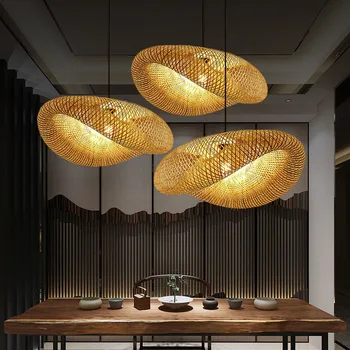 ZK50 Bambusa Tkane Lestenec Visi LED Stropna Lučka za Ročno Rattan Doma Spalnica Dekoracijo Bambusa Obrti