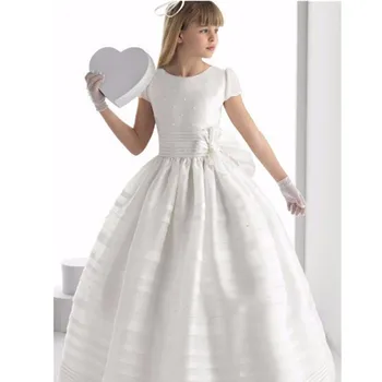 Moda Roža Punca Obleke Očarljivo Belo Lvory Kratek Rokav Saten Dolžina Tal Dekleta Pageant Obleke Prvo Obhajilo Obleke