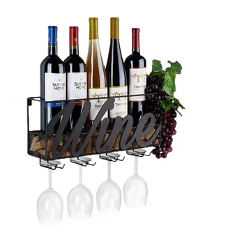 Estante montado en la pared par botellas de vino, estantería de champán con 4 soportes de cristal integrados y bandeja de CD