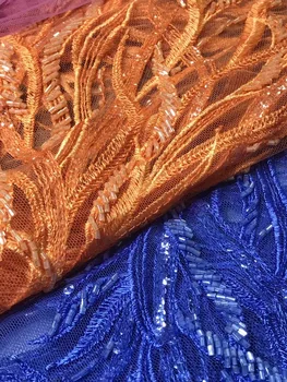 Visoka Kakovost 2023 Afriške Zlato Breskev Zgorela Oranžna Modra Fusha Beaded Sequins Til Tkanine, Čipke Za Šivanje Obleke Za Ženske