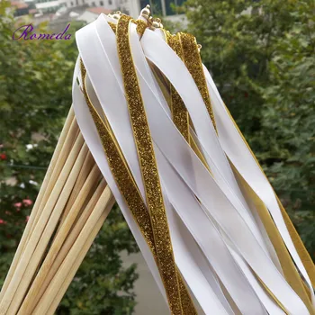 Najnovejši zlate bleščice + bele madeže traku poroko wands poroko palico z zlato bell za svate, dekoracijo 50Pieces/Veliko