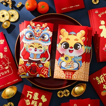 6PCS Kitajsko Novo Leto Rdeče Ovojnice HongBao 2024 Zmaj Lunarnega Leta Srečo, Denar Red Paketov za Poroko, Rojstni dan Pomladni Festival