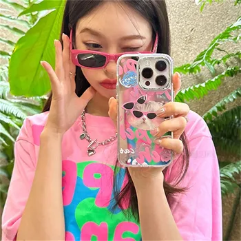 Korejski Srčkan Risanka sončna Očala Mačka Ogledalo Primeru Telefon Za iPhone 14 13 12 11 Pro Max Lep Mucek Težko Shockproof Kritje Funda