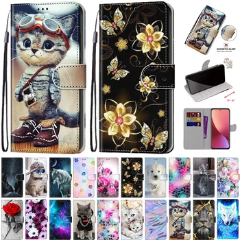 Moda Flip Book Case Za iphone 13 14 15 Max Pro Plus Pisano Pobarvane Denarnice Kartico Stojalo Živali Cvetje Volk Mačka Pes na Pokrov