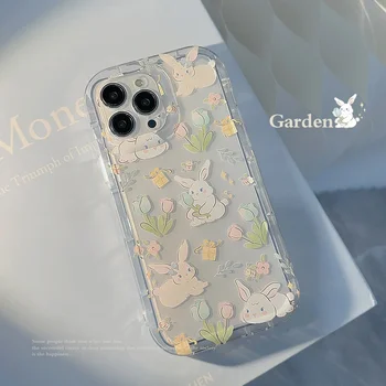 Vrtno cvetje zajec Risanka zajček umetnosti pregleden Primeru Telefon Za iPhone 14 13 12 11 Pro Max 14 Plus Primeru Cute Sweet Mehko Pokrov