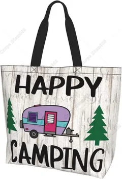 Happy Camper Ženske Nakupovanje Rame Torbico, Pohodništvo Piknik Avtodom Tote Vrečko Za Večkratno Uporabo Nakupovalno Vrečko Vzorec Tiskanja Ena Velikost