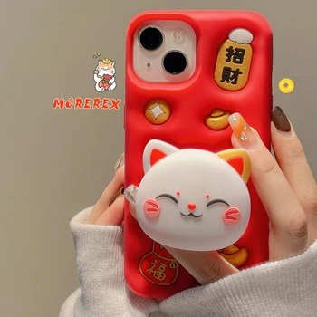 Japonska Pop Maneki-neko Mačka Krat imetnik Primeru Telefon Za iphone 15 13 12 14 Pro Max i11 Smešno Risanke Mačka Srčkan Mehki Silikonski Pokrov