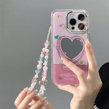 3D Diamond Moda Ogledalo Srce Ljubezni, Vrvica za opaljivanje tega Jasno Primeru Telefon Za iPhone 14 13 12 11 Max Pro Plus Ženska Šminka Zapestnica Pokrov