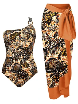 Ženske Cvjetnim Tiskanja Backless Plaži Izhod 1 Kos Modni Kopalke in Midi Obleko 2023 Eno Ramo FemaleLuxury kopalke