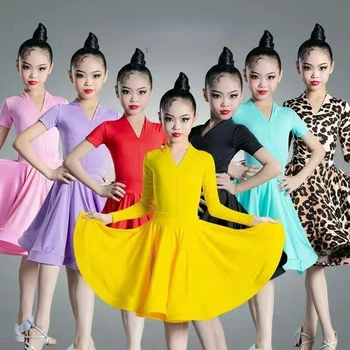 2023 Otrok latinski Ples Obleko Usposabljanje Oblačil za Pomlad in Poletje korejski Žamet Dolg Rokav Dekleta Konkurence Oblačila F92