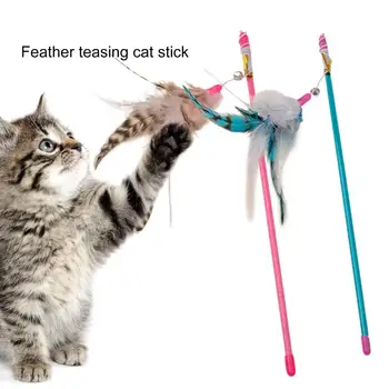 Mačka Teaser Igrača Zaobljen Ročaj Ročno Ugriz Odpornega Anti-Scratch Elastično Vrv Igrajo Plastičnih Hišnih Mačk Mucek Teaser Feather Stick