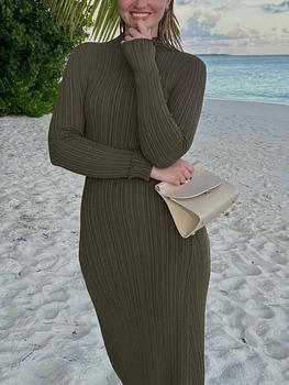 Ženske Jeseni Obleko Priložnostne Barva Solate Trim Dolg Rokav Stranka Dolgo Obleko za Beach Cocktail Klub Ulične