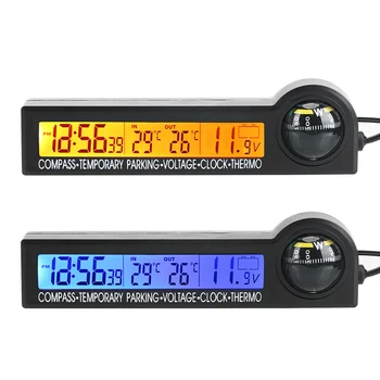 5 v 1 Ura Koledar Kompas Thermomete Avto Začasno parkirišče kartice Multi-Funkcijski LCD Zaslon Tester Napetosti 12V