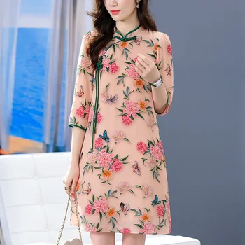 Kitajski Slog Žensk Vintage Obleke 2023 Pomlad Poletje tričetrt Rokav Cvetlični Obleko A-linija 100% Realno Svile Tiskanja Obleko