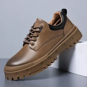 Moški oxfords čevlji čipke Moda Priložnostne Čevlji Krog Toe Debel Edini Usnja stanovanj moški prostem Poslovnih trend Čevlji