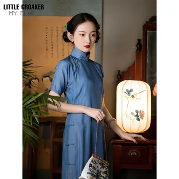 Qipao Ženske 2023 Poletje Dnevno Slog Tradicionalnih Elegantne Retro Slim Fit Shanghai Obleko Izboljšano Kitajski Modro Obleko Cheongsam