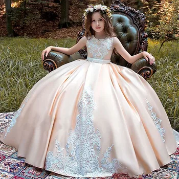 Roža Punca Obleke Brez Rokavov Tleh Dolžina Appliqued Program Pageant Za Princess Prvo Obhajilo Obleke Otroci Prom Obleke Praznovanje