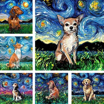 Zvezdnato Noč Jazavičar 5D Diamond Slikarstvo Doberman Sliko Umetnosti Pes Živali, Hišne živali, Poln Kvadrat Mozaik Navzkrižno Šiv Kompleti Van Gogh