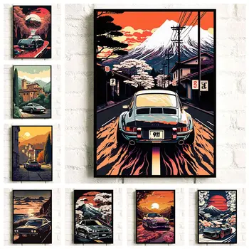 Vintage Japonsko Slikarstvo Avto na Ulici Plakat Priljubljenih Avtomobilov Platno, Tisk Steno Umetnosti Slikarstva, Fotografije Sobi Doma Bar Dekoracijo