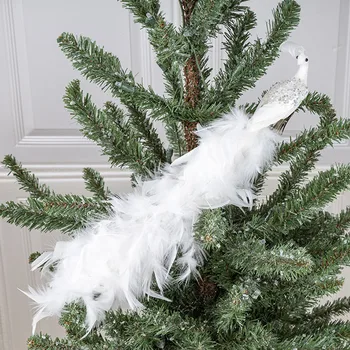 Umetni Beli Pav Okras Božično Drevo Obesek Visi Pernate Simulacije Ptic Poroka Doma Odlikovanja