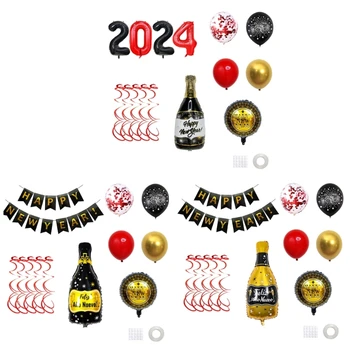 Aluminij Balon Verige Set za Novo Leto Strank Edinstvene 2024 Srečno Novo Leto Dekor Zlata Črni Zastori Dekor