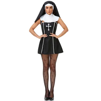 Halloween Kostum biarawati seksi wanita dewasa Cosplay pesta kostum biarawati jahat gaun mewah dengan tudung hitam