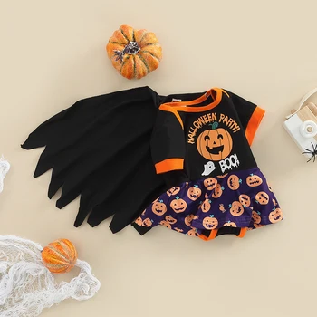 Najnovejši Prihod Novorojenega Otroka Halloween Bodysuit Srčkan Bučna Tiskanja Kratek Rokav Plašč Obleka za Dekleta