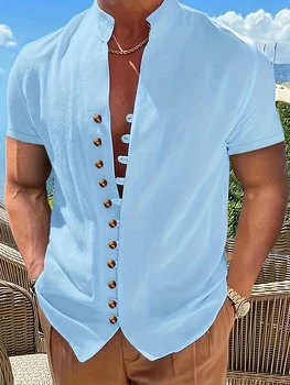 Nove priložnostne poletje kratka sleeved majico svoboden moški bombaž barva kratka sleeved majico Hawaiian stand-up ovratnik shirt