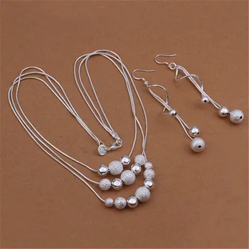 Vroče Klasičnih 925 Sterling Srebro elegantno Resast kroglice ogrlica, uhani, Nakit sklopov za ženske Modni Stranka Božična Darila