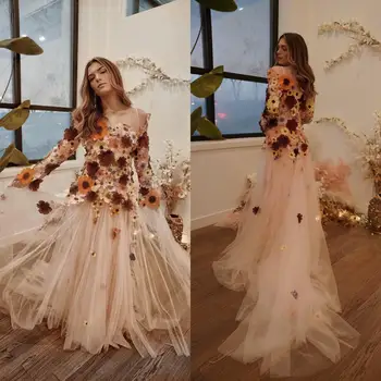 14666#VAN Bohemian Poročno Obleko Ročno Vezeni Cvetlični, Botanični Obleko Romantično Poročno Obleko Off ramenski Edinstvene Poročne Obleke