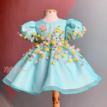 Svetlo Modro Nebo, Cvetlični Cvet Dekleta Obleke Za Poroke Kroglice Rojstni Dan Otrok Satenasto Obleko Dekle Pageant Stranka Oblek