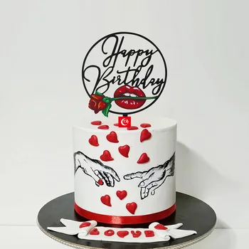 Zlati Happy Birthday Cake Toppers Barvno Tiskanje Rose Rdeče Ustnice Peko Torte Toppers za Dekleta Rojstni dan Torta Okraski Nova